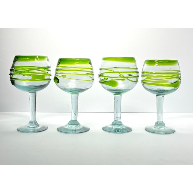 4 Lime Green Swirl Handblown Mexican Margarita, Water, Wine Glasses 7 3/4” 18oz Excellent condition. No chips, cracks, or...