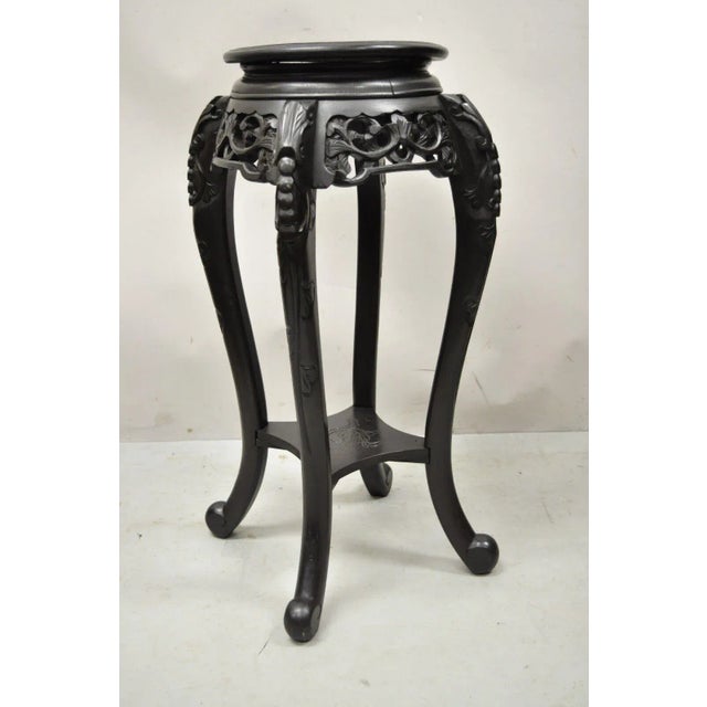 Japanese Carved Wood Black Ebonized 28" Plant Stand Side Table Lacquer Top. Item features a decorated lacquer top, lower...