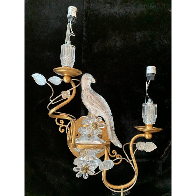 Italian crystal and gold leaf sconces. Made by Banci. Each sconce has a crystal bird upon a crystal urn in the middle,...