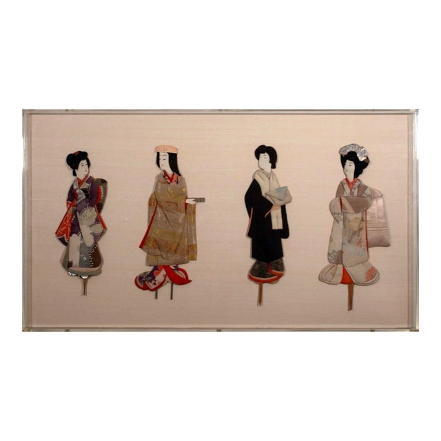 Antique Japanese Silk Brocade Oshie Art Geisha Puppet Dolls in Shadow Box Frame For Sale