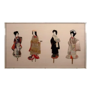 Antique Japanese Silk Brocade Oshie Art Geisha Puppet Dolls in Shadow Box Frame