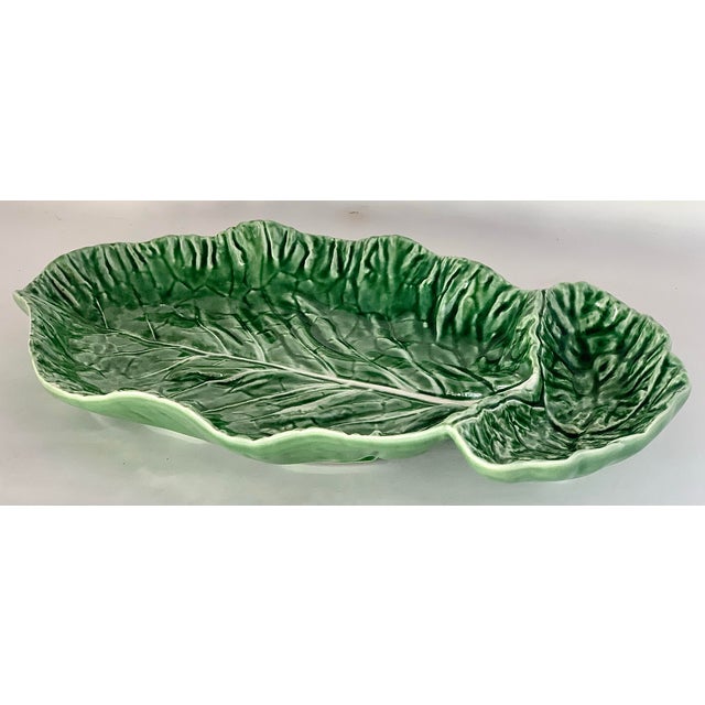 Vintage Portuguese 'Bordallo Pinheiro' Majolica Extra Large Glazed Ceramic Cabbage Leaf Chip & Dip Platter For Sale - Image 12 of 12