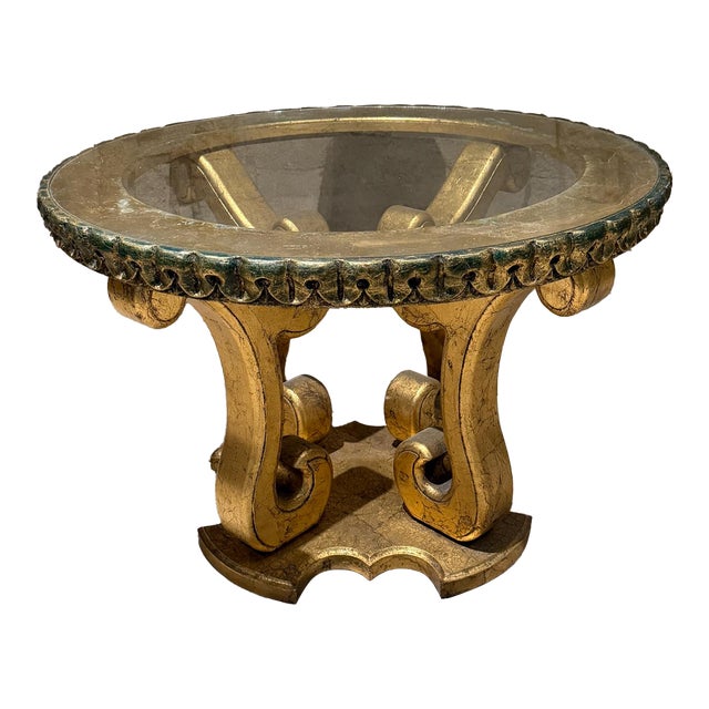 Hollywood Regency Glass-Topped Side Table Verdi Gris Gold Leaf For Sale