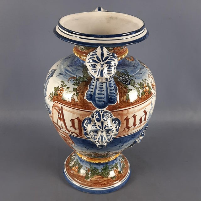 Large Vintage Historiated Polychrome Majolica Vase with Zoomorphic Handles from Albissola, 20th Century For Sale - Image 3 of 14