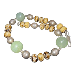 1990s Dzi Diamond Eye Carved Bone Nephrite Jade Afghan Sterling Silver Beads & Clasp
