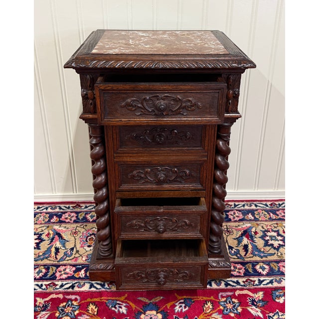 Antique French Marble Top Chest Side or End Table Nightstand Barley Twist Oak For Sale - Image 11 of 18