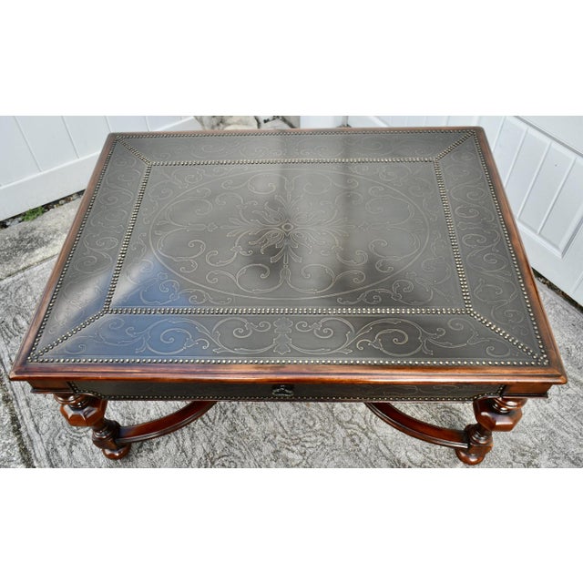 Vintage Theodore Alexander Brass Embossed Regency Style Cocktail Table W/Leather For Sale - Image 13 of 13