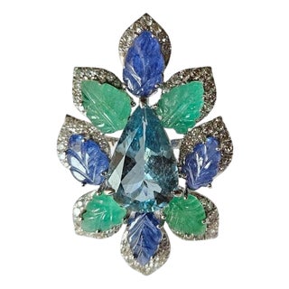 Set in 18k Gold, Aquamarine, Blue Sapphires, Emeralds & Diamonds Cocktail Ring, Us Size 7 For Sale