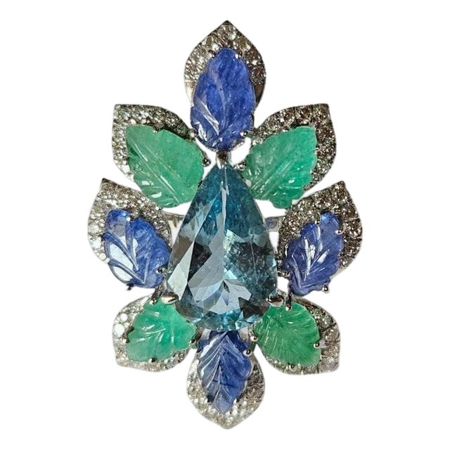 Set in 18k Gold, Aquamarine, Blue Sapphires, Emeralds & Diamonds Cocktail Ring, Us Size 7 For Sale