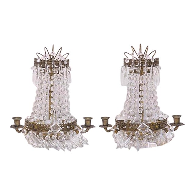 Mid 20th Century Swedish Brass and Crystal Prism Wall Sconces With Candle Arms - Pair For Sale