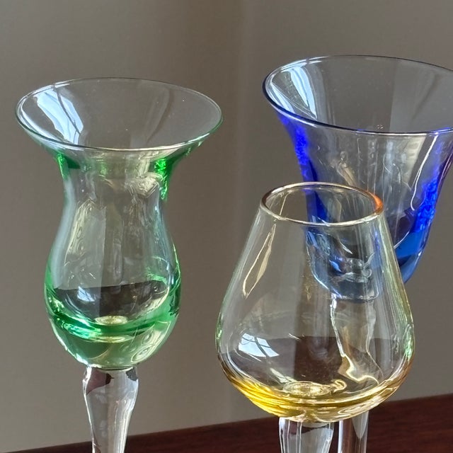 Contemporary Vintage Hand-Blown Cordial / Liqueur Glasses & Giltwood Tray For Sale - Image 3 of 13