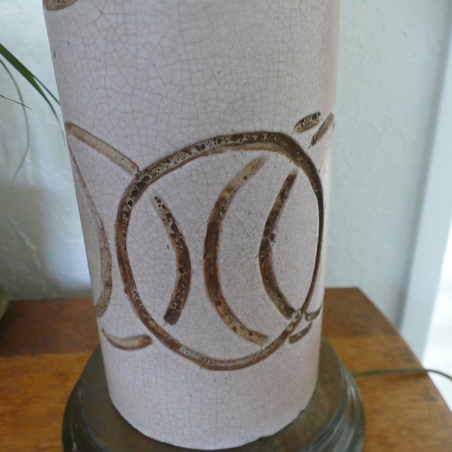 Mid Century Ceramic Table Lamp Incised Geometric Italian Style For Sale - Image 10 of 14