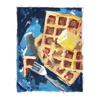 Leggo My Square Eggo - Original Blue and Gold Contemporary Mixed Media Work on Paper by Kellie Newsome For Sale