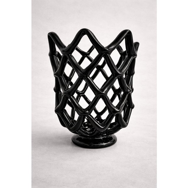 Late 20th Century Sculptural Glossy Black Open-Lattice Art Glass Vase Sculptural Openwork Glass For Sale - Image 5 of 5