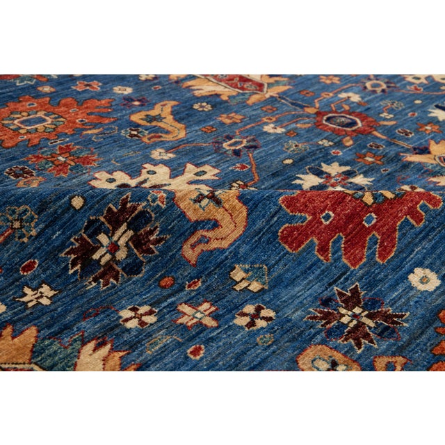 10 X 14 Contemporary Serapi-Style Blue Wool Rug Featuring a Floral Design For Sale - Image 9 of 10