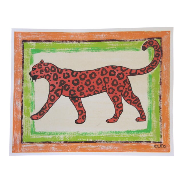 Leopard Folk Art Americana Pop Art Raspberry Pink Green Orange Original Painting by Cleo Plowden For Sale