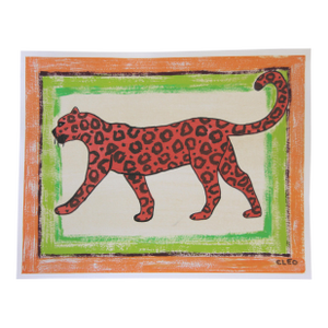 Leopard Folk Art Americana Pop Art Raspberry Pink Green Orange Original Painting by Cleo Plowden