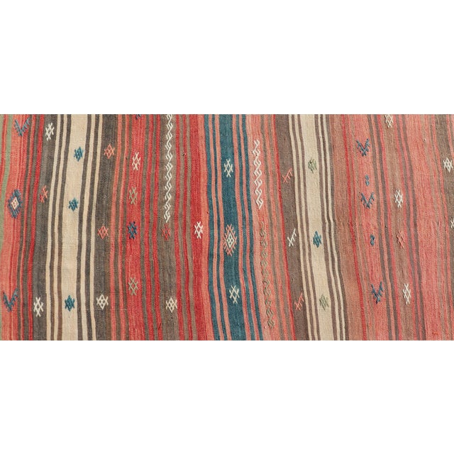 Red Coral Blue and Beige Striped Vintage Turkish Kilim Handwoven Wool Runner For Sale - Image 8 of 12