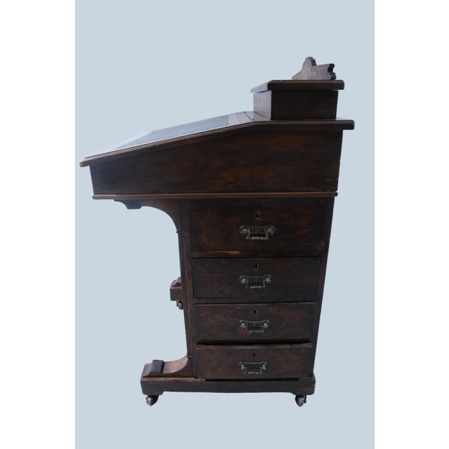 Wood Mid 19th Century Beautiful Antique Rosewood Marquetry Writing Desk With Dual Flip Tops, Drawers & Wheels For Sale - Image 7 of 13
