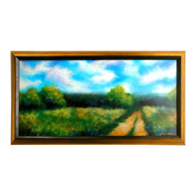 Mid 20th Century Landscape Painting of a Country Lane and Green Fields For Sale