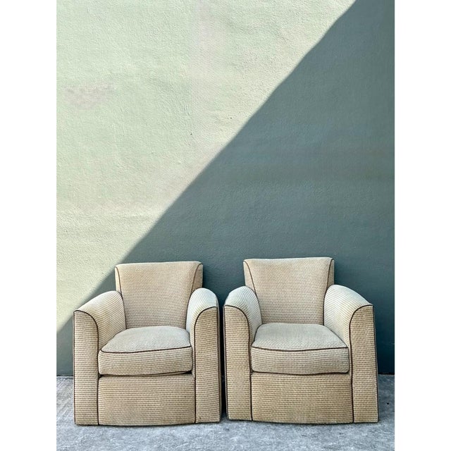 Mid-Century Modern Vintage Donghia Swivel Lounge Chairs With Ottomans - A Pair For Sale - Image 3 of 12