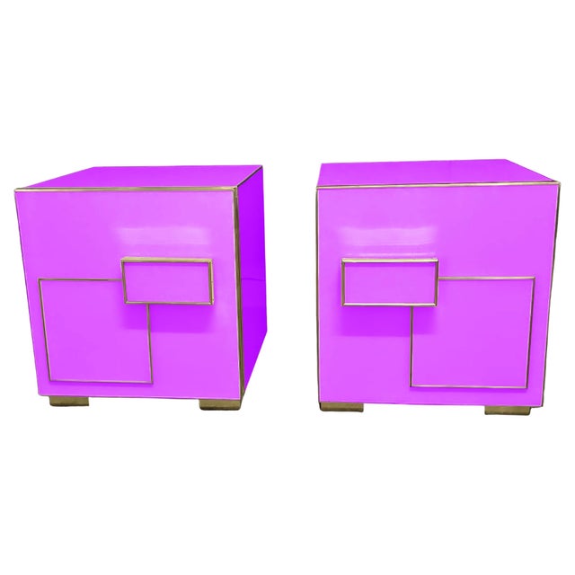 Gold Violet Nightstands with Murano Glass and Geometric Brass Detail from Justfurnituress SRL, Set of 2 For Sale - Image 8 of 8