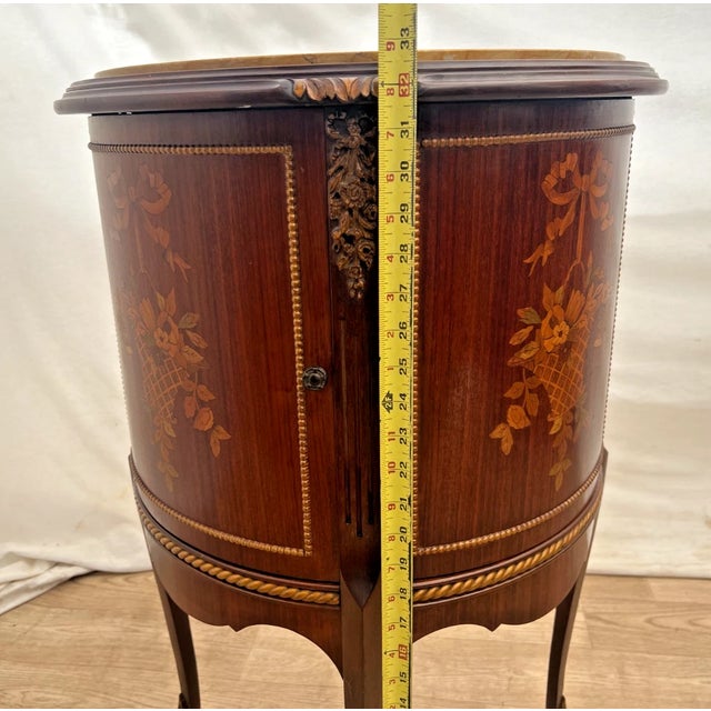 1930s French Louis Revival Demilune Cabinet With Shelf, Marble Top, Floral Marquetry For Sale - Image 9 of 12
