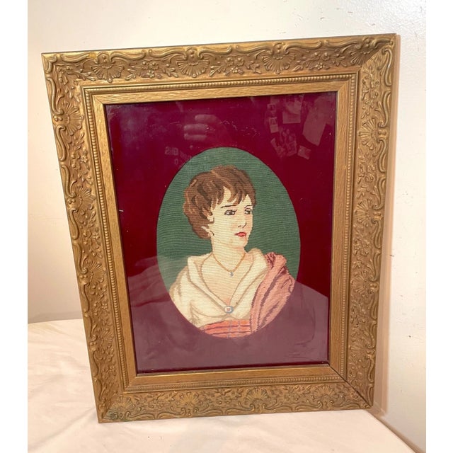 Glass Antique 1800's Victorian Hand Embroidered Figural Lady Needlepoint Portrait Art For Sale - Image 7 of 8
