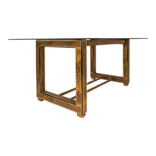 Mid-Century Modern Acid-Etched Brass Desk / Dining Table With Glass Top Attributed to Bernhard Rohne for Mastercraft, Usa, C. 1970s For Sale