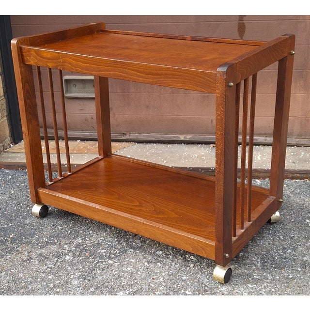 Wood Late 20th Century American Classical Oak Tiered Rolling Bar Cart For Sale - Image 7 of 9