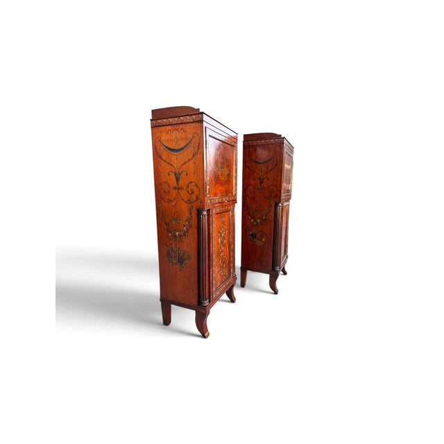 English Pair of English Adam Revival Hand-Painted Satinwood Pedestal Cabinets For Sale - Image 3 of 11