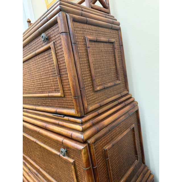 English British Colonial Style Woven Rattan and Faux Bamboo Cabinet That Converts to a Secretary, C 1970's For Sale - Image 3 of 11