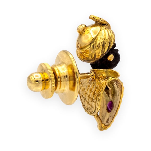 Modern Vintage Blackamoor Gold, Ruby & Diamond Pin Brooch — 14k & 18k Yellow Gold For Sale - Image 3 of 7