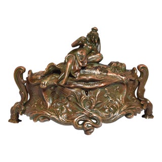 Antique Art Nouveau Metal Dresser Box Casket Lady on Bear Skin Rug For Sale