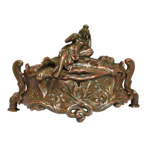 Antique Art Nouveau Metal Dresser Box Casket Lady on Bear Skin Rug