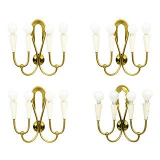 Ivory Metal and Brass Four-Light Wall Lamps, 1950s, Set of 4 For Sale