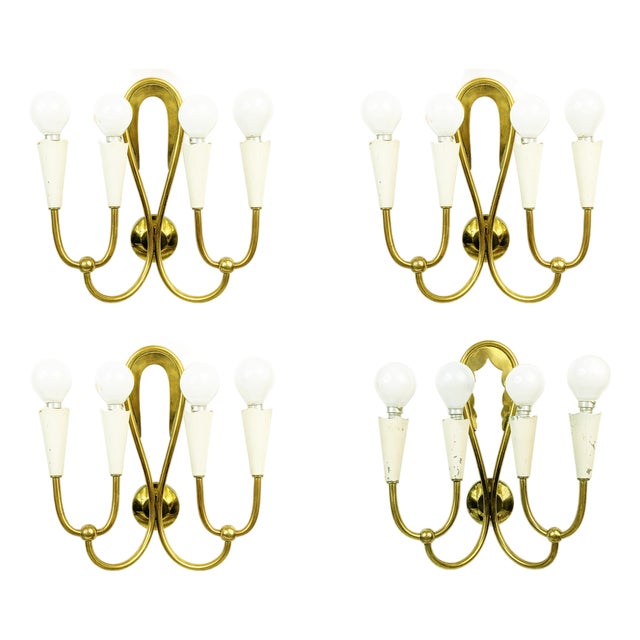 Ivory Metal and Brass Four-Light Wall Lamps, 1950s, Set of 4 For Sale