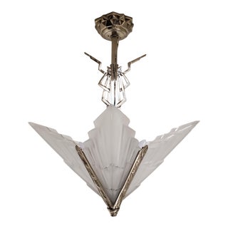 1930s Original French Art Deco Frosted Art Glass Signed Chandelier in Nickel Bronze For Sale