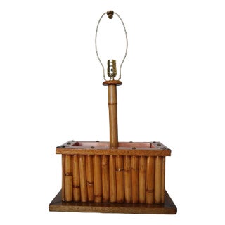 Restored 1950s Rattan & Koa Wood Planter Table Lamp With Large Copper Accent For Sale