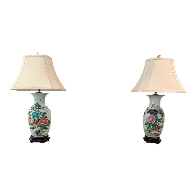 Pair of Chinese Famille Verte-Style Lamps For Sale