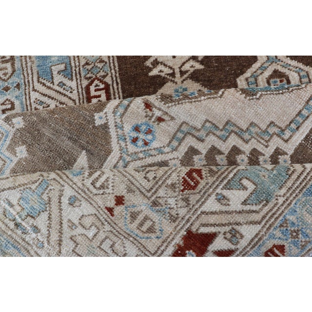 Long Persian Heriz Runner With Central Medallions in Brown, Blue, Tan & Red For Sale - Image 11 of 12