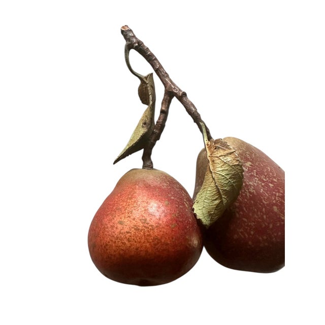 A charming, vintage, English ceramic pear object. Features a ceramic bodied, double red pear with attached stem and tole...