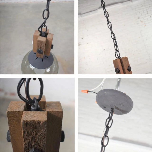 Mid Century Modern Brutalist Pendant Light Wood & Smoked Glass Globe Black Chain N O S For Sale - Image 11 of 13