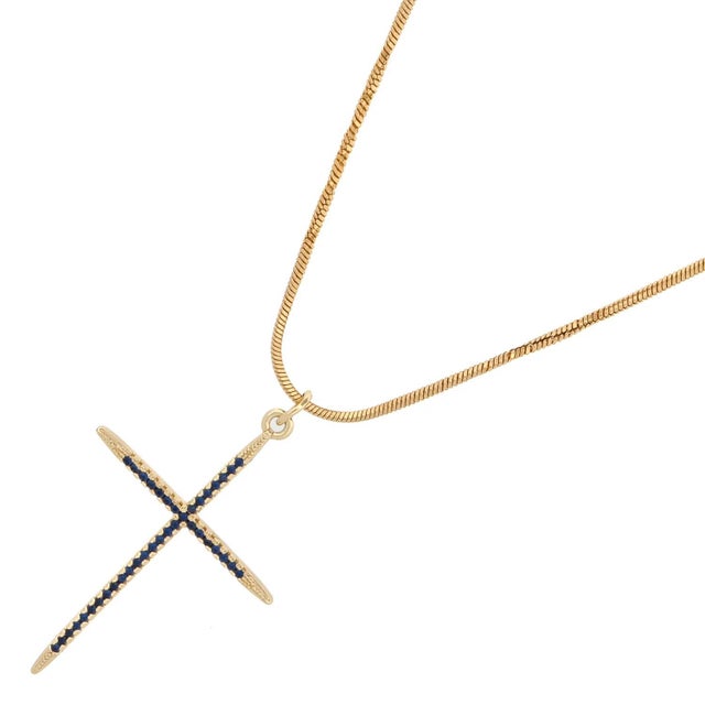 Metal Divine Sapphire Cross Gold Pendant Necklace For Sale - Image 7 of 8