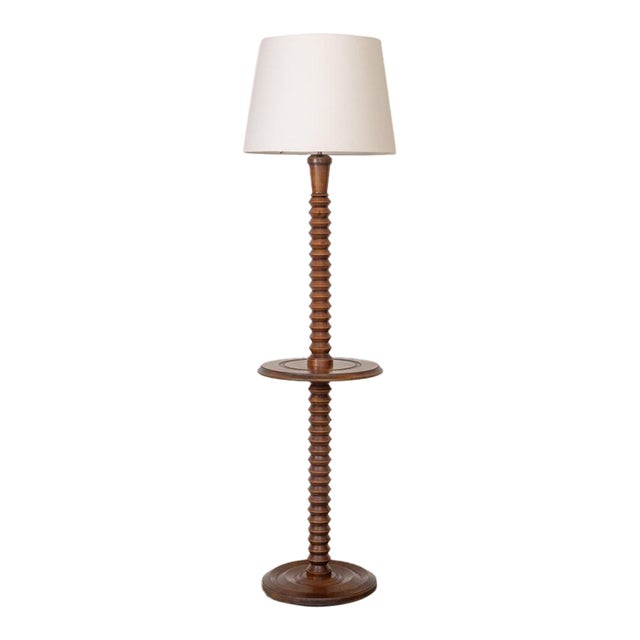 1940s French Carved Wood Floor Lamp and Table by Charles Dudouyt For Sale