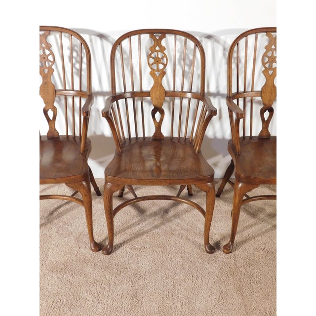 Queen Anne Vintage Baker Furniture Set of 4 Queen Anne Dark Oak Windsor Arm Chairs For Sale - Image 3 of 14