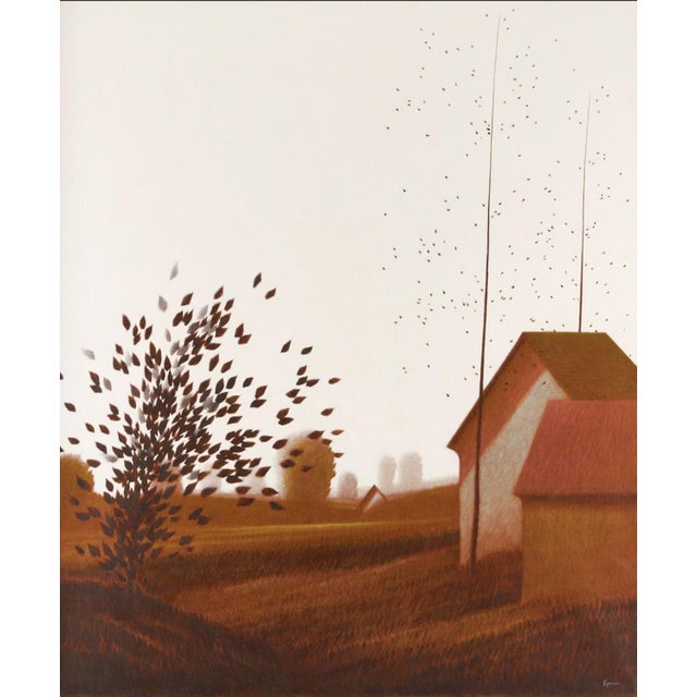 Robert Kipniss / Kipness (American, b. 1931), "Leaves and Sheds," large oil on canvas painting depicting a monochromatic...