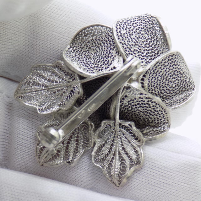 Vintage Italian Handmade Genuine Silver Filigree Medium-Sized Rose Flower Brooch For Sale - Image 9 of 13
