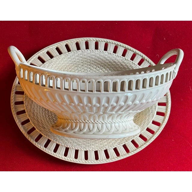 Antique 19th century Wedgwood creamware reticulated chestnut basket & under tray with applied handles. Platter measures 10...