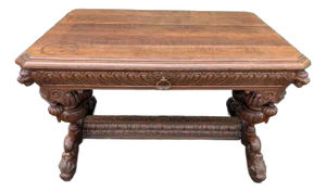 Antique 19th Century French Renaissance Revival Carved Oak Dolphin Sea Serpent Library Desk